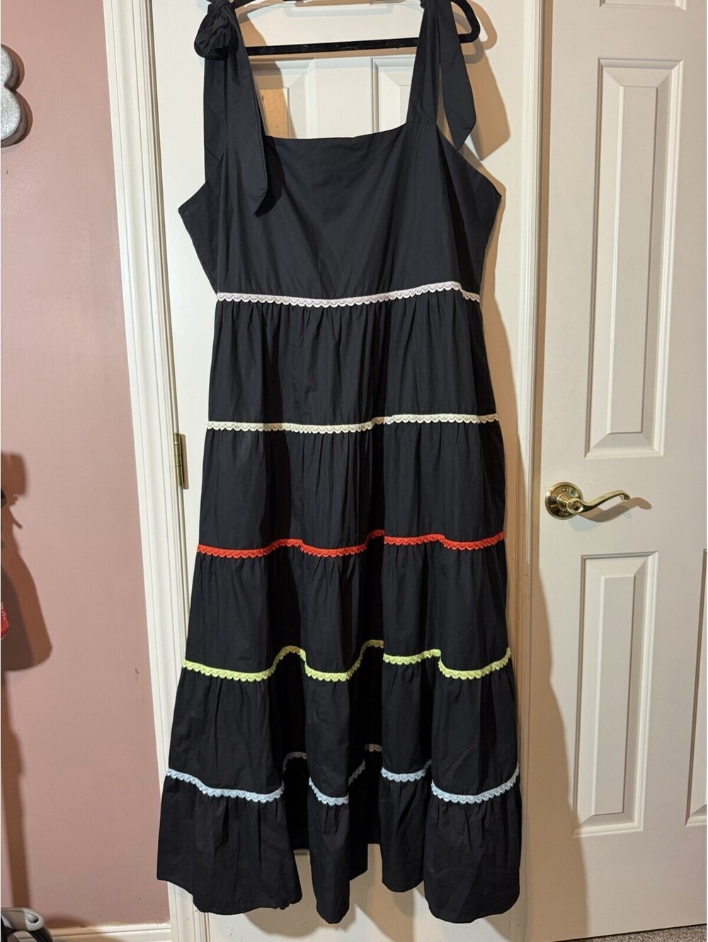 Sugarlips Womens 3X Black Tiered Maxi Dress Rainbow Rickrack Trim Tie Straps